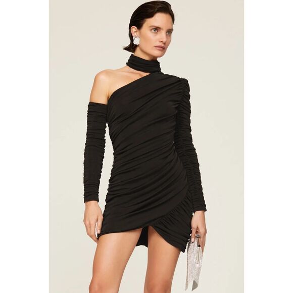 Aliette Black Ruched One Shoulder Asymmetrical Bodycon Sheath Dress -Altered- 6 - Picture 2 of 16